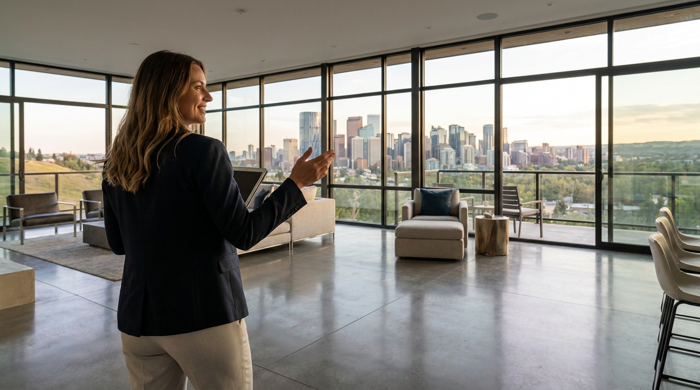Professional Calgary real estate agent at a modern open house with city views through floor-to-ceiling windows