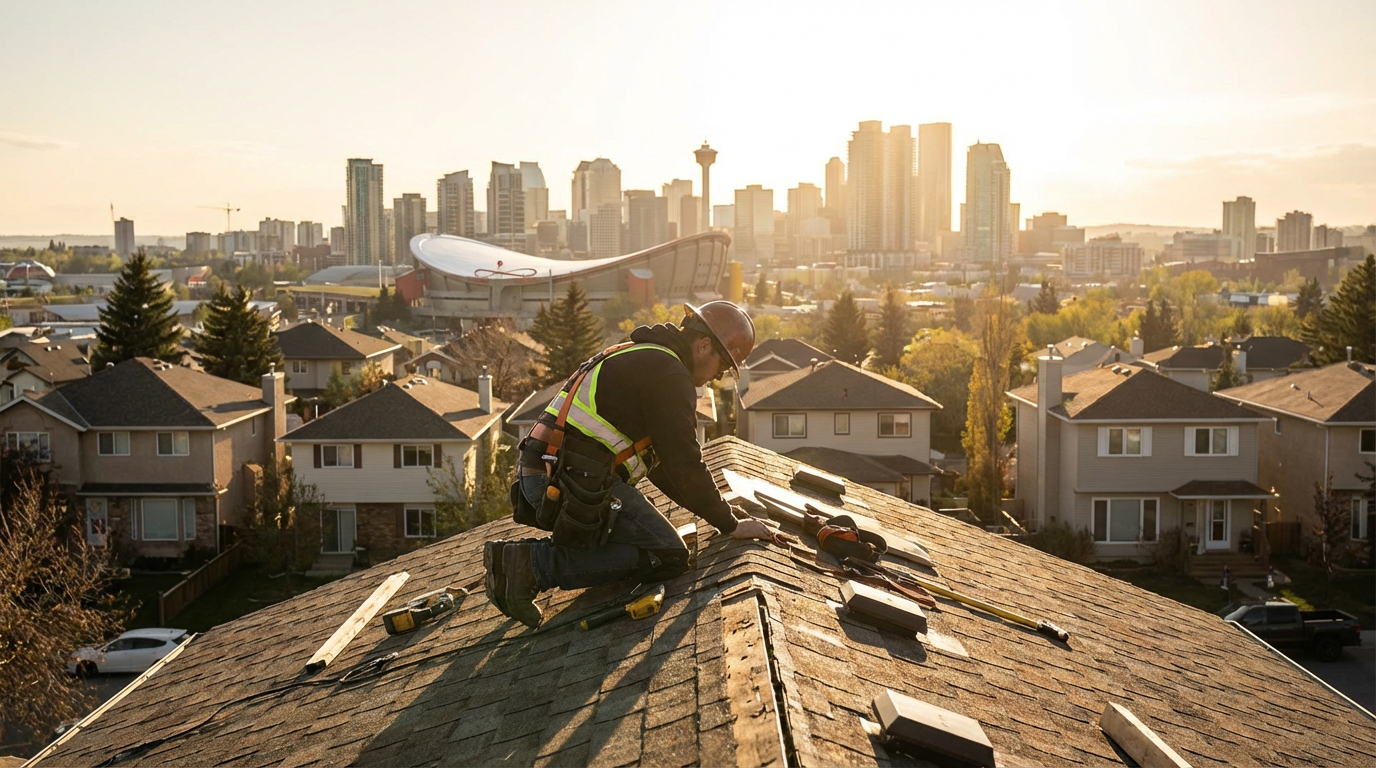 Calgary trades contractor working on a residential rooftop with the Calgary skyline in the background