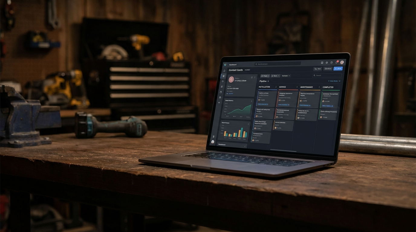 HighLevel CRM setup on a laptop for a Canadian trade contractor