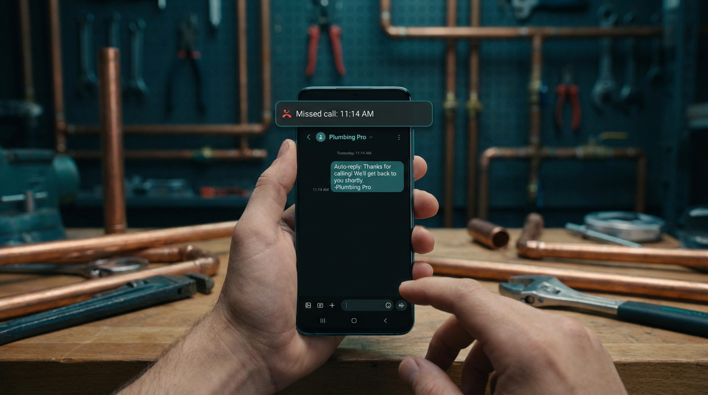 Missed call on a phone with automatic text reply sent from a plumbing business