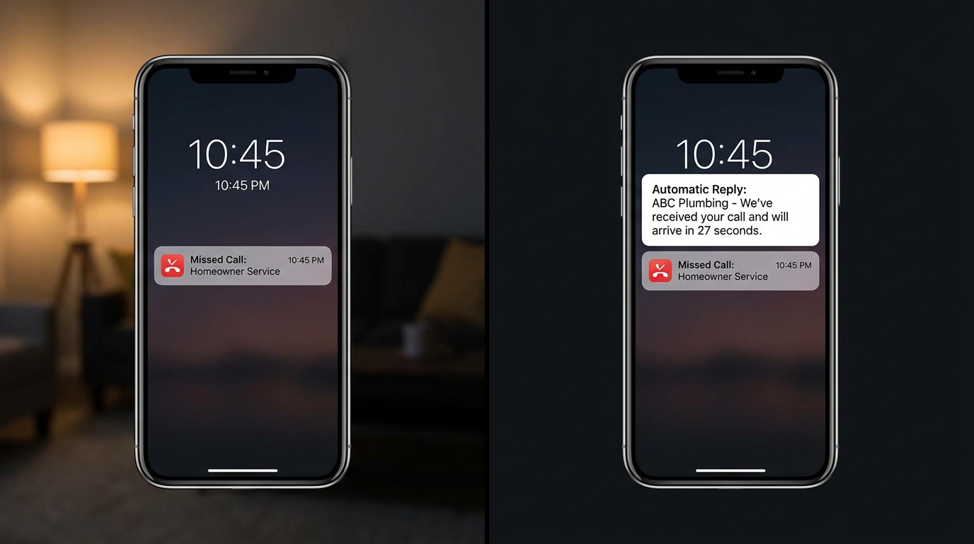 Split image showing a homeowner calling at night and receiving an immediate text back