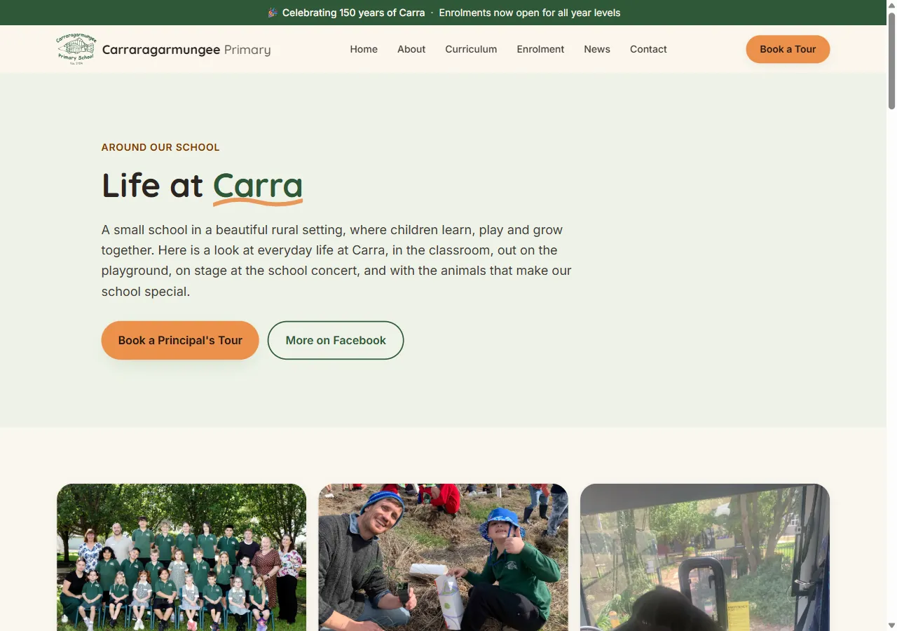 Carraragarmungee Primary School photo gallery page, desktop view