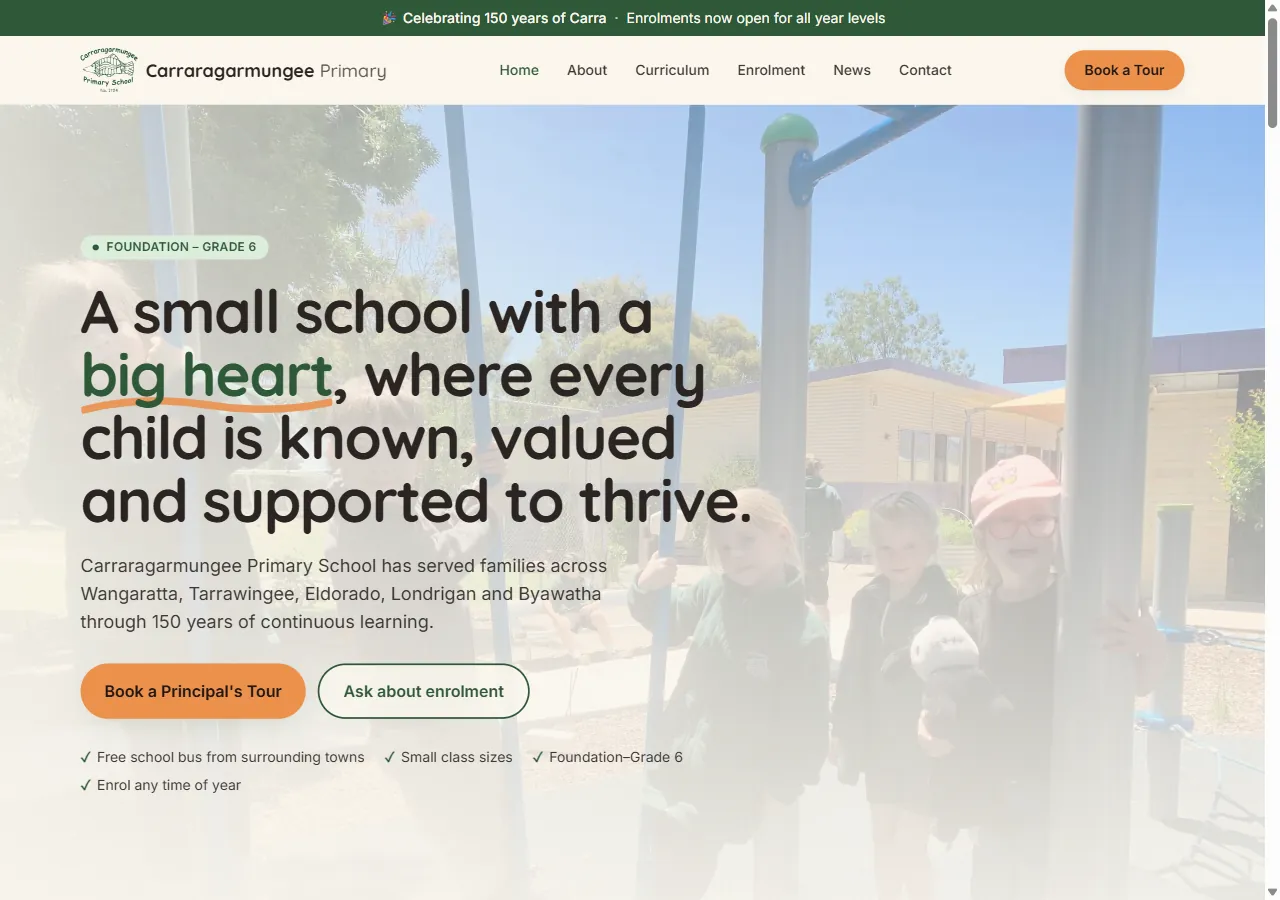Carraragarmungee Primary School homepage, desktop view