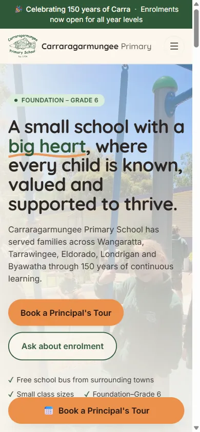 Carraragarmungee Primary School homepage, mobile view