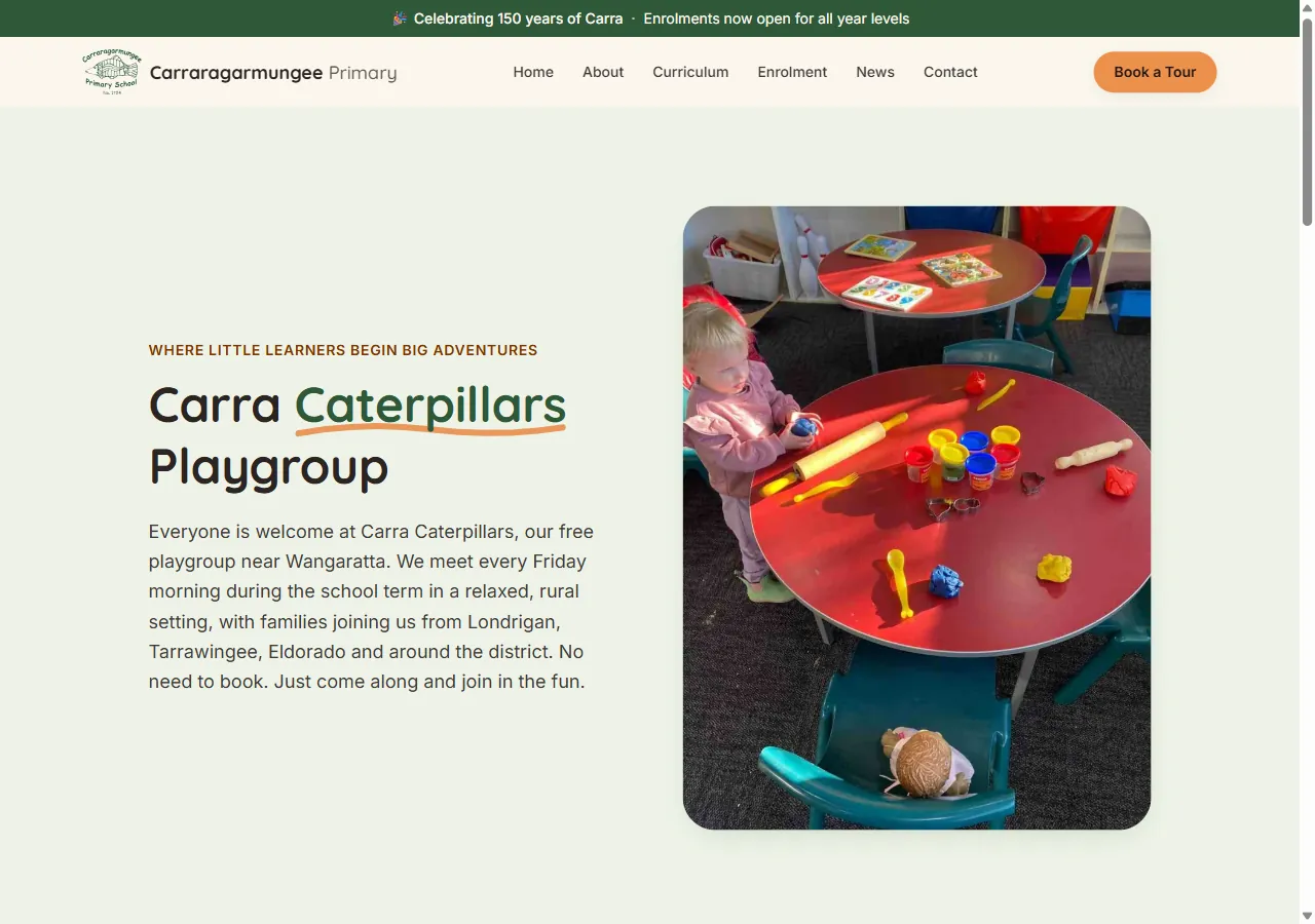 Carraragarmungee Primary School Playgroup enrolment page, desktop view