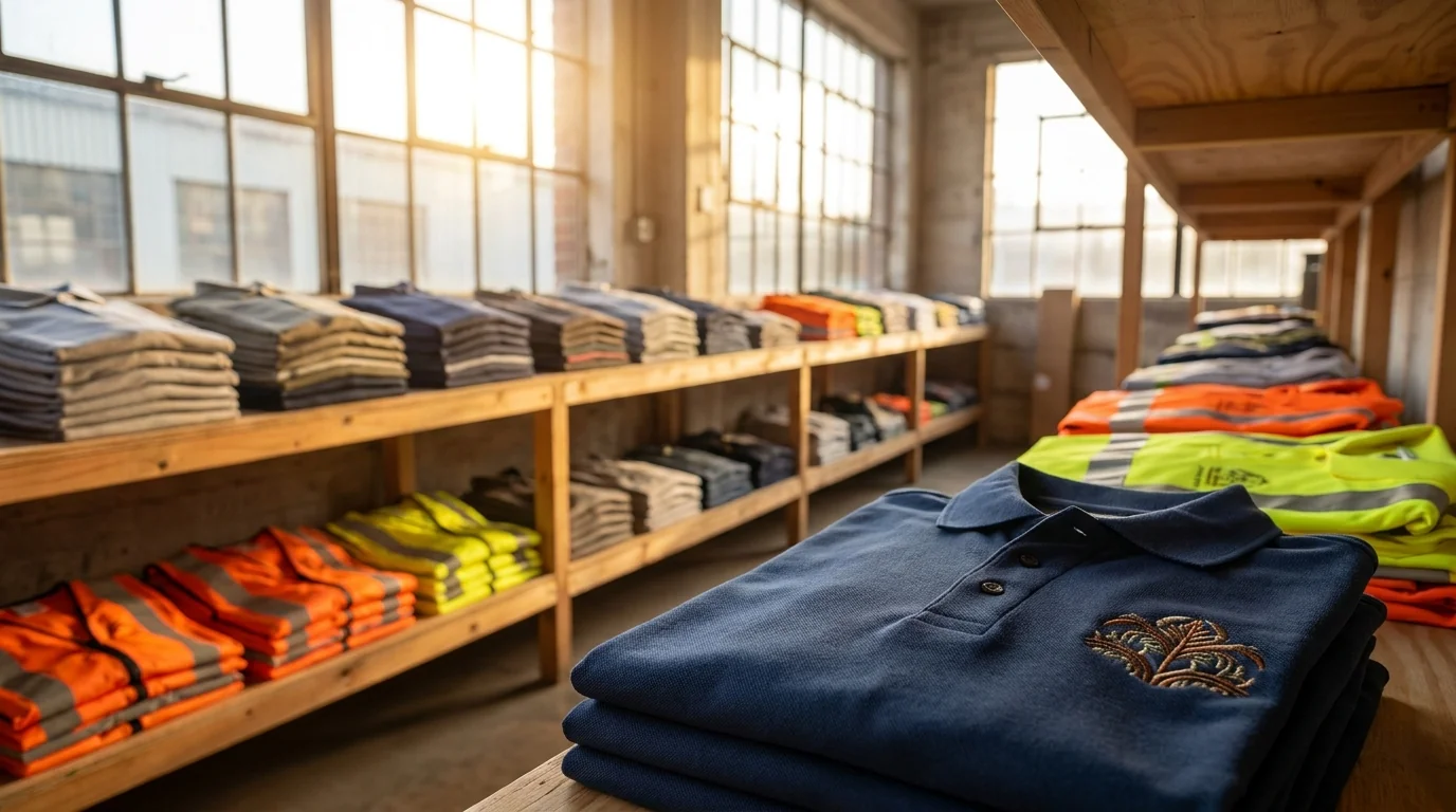 Folded embroidered workwear polos and hi-vis vests on warehouse shelving